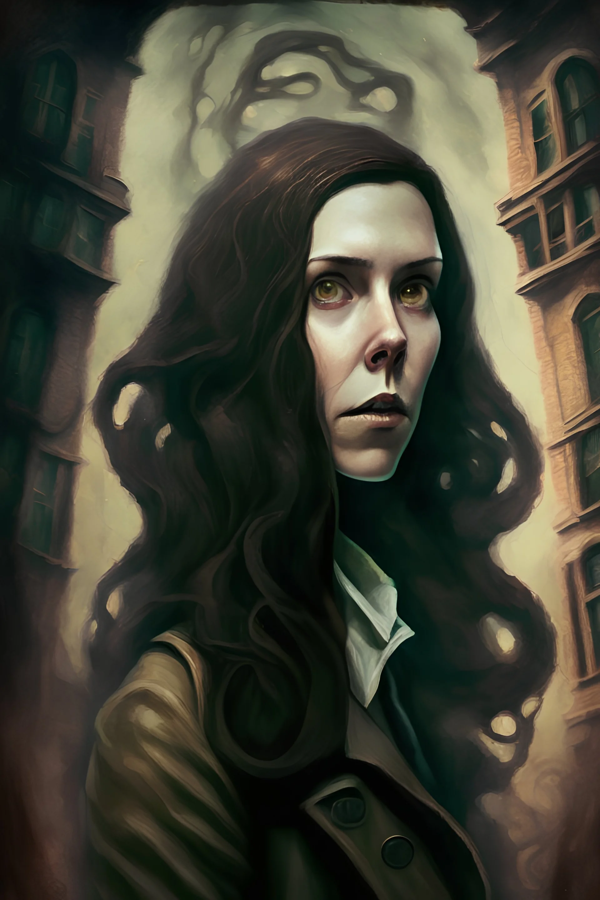 woman with brown hair in Lovecraft world