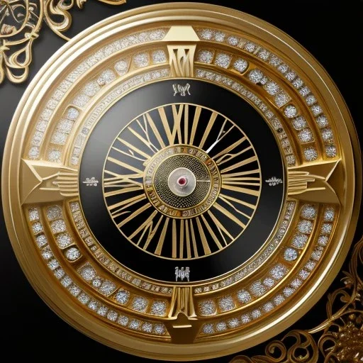 crystal ornate round clock with a transparent body, wood and black and gold, transparent, rococo, Artstation, intricate detailed 8 k, ornate and jewels, bokeh background