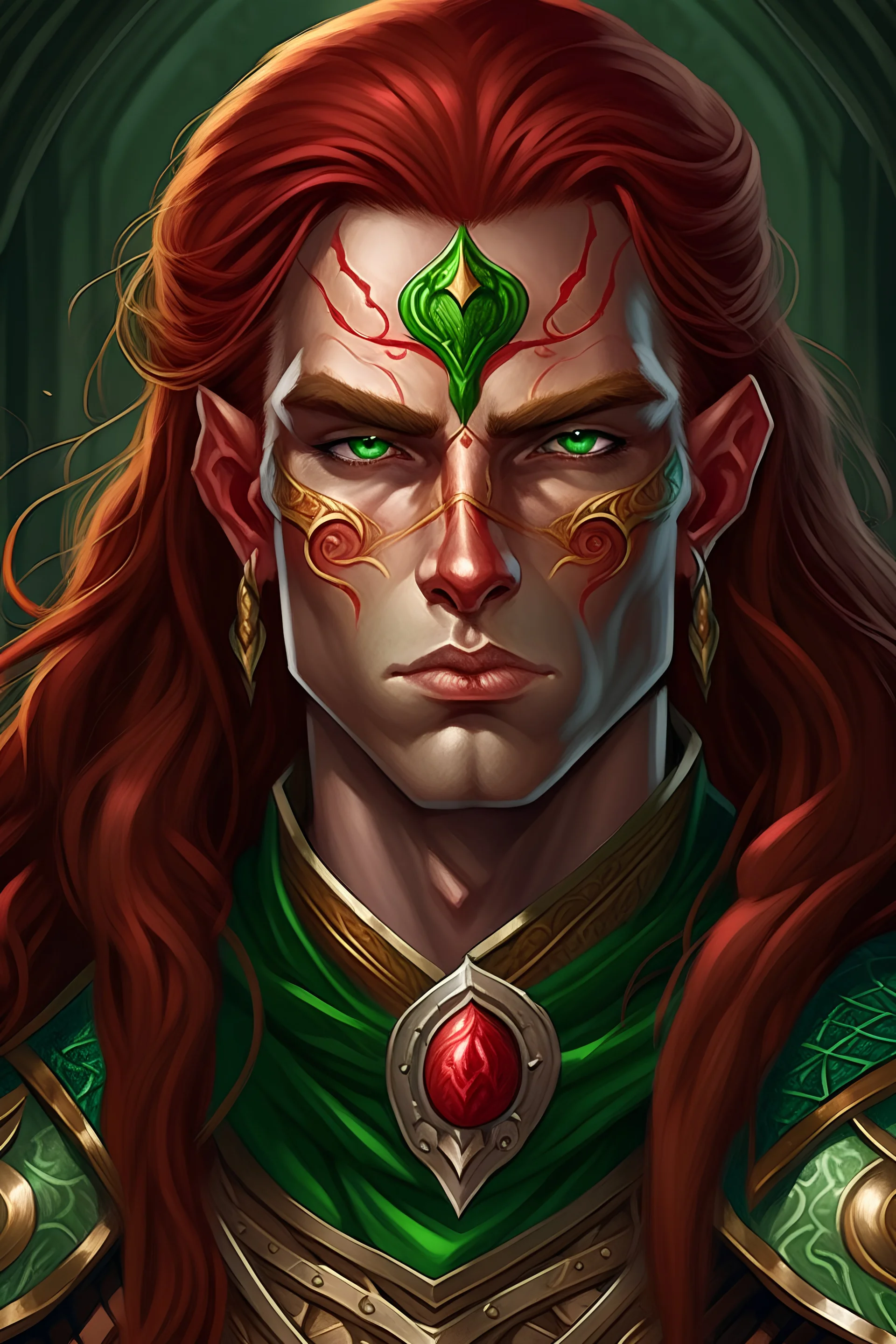 Generate a dungeons and dragons character portrait of the face of a young male Githyanki githyanki who is tall and well built with a red right eye and a green left one and has long hazel hair in heavy armor and a sword on his back
