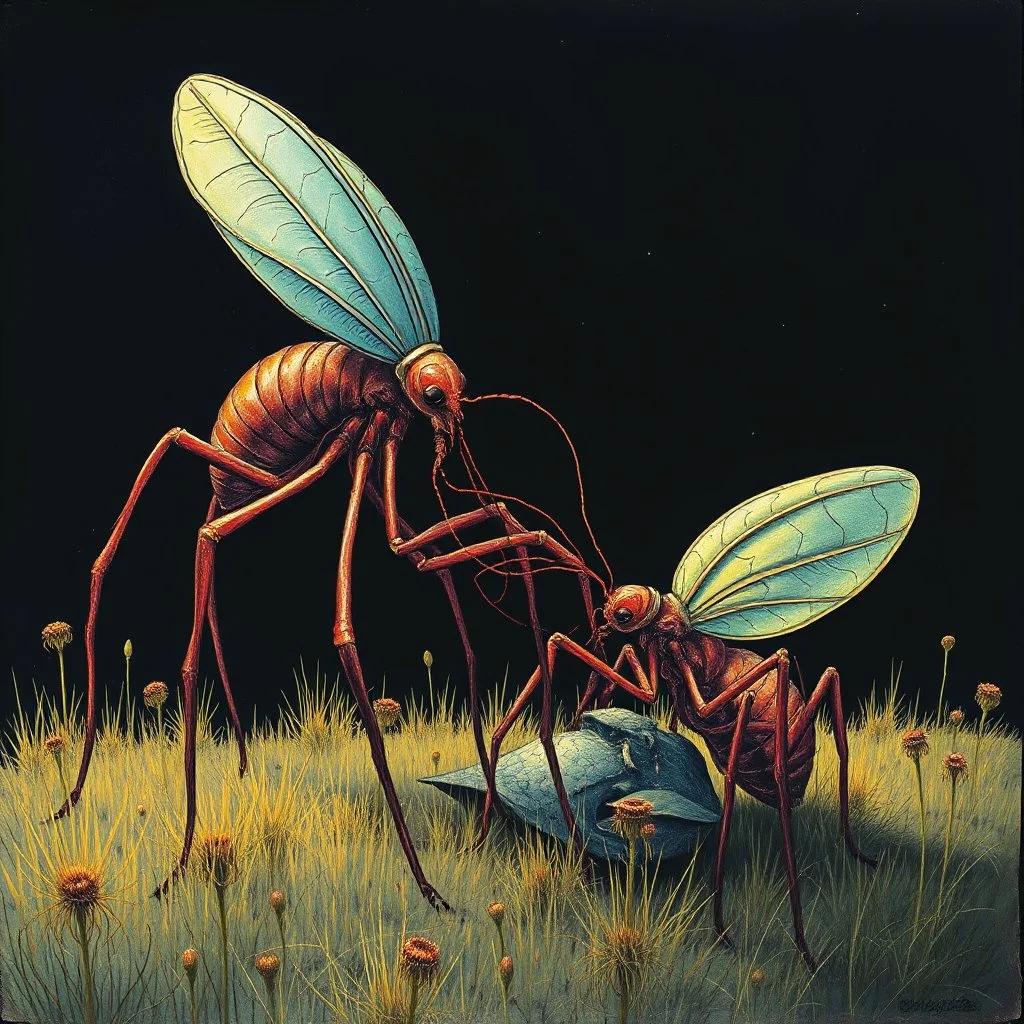 inkpunk, Style by Vladimir Kush and Ray Johnson and Zdzislaw Beksinski and Alexander Jansson, abstract surreal art, a metaphorical representation of ephemeral long legged parasite rivalries, gestalt lunatic grass shine, warm colors, sinister, surreal masterpiece, dynamic diagonal layout composition, juxtaposition of the uncanny and the banal, sharp focus, never-before-seen composition