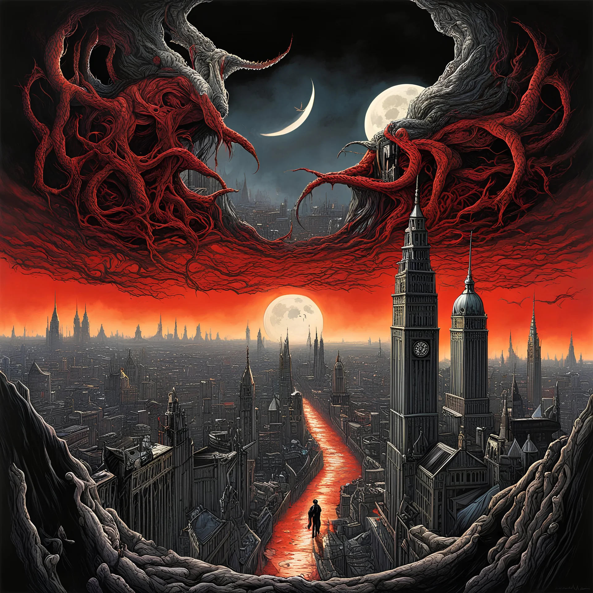 mother Blood over London, under her weeping sky vs under her cackling moon, open teeth wide, horror surrealism, by Michael Whelan, by Dan Seagrave, by Philippe Druillett, maximalism, expansive hellscape, smooth, nightmarish, brilliant dark colors, crimson and black, infernal surreal sunset, ink illustration, Bolland's visceral style, dramatic