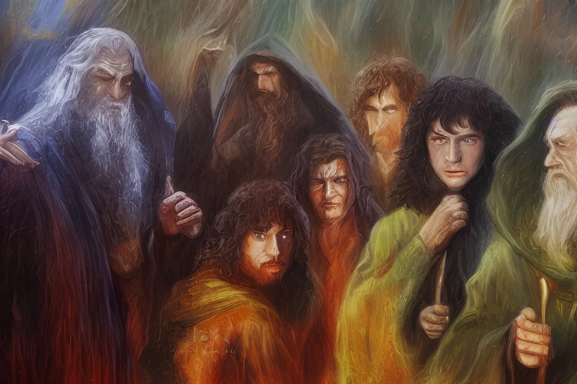 Oil painting of elfs from lord of the rings in the style of impressionism,high detail, mysterious, 8k, fog, oil painting style, abstract,