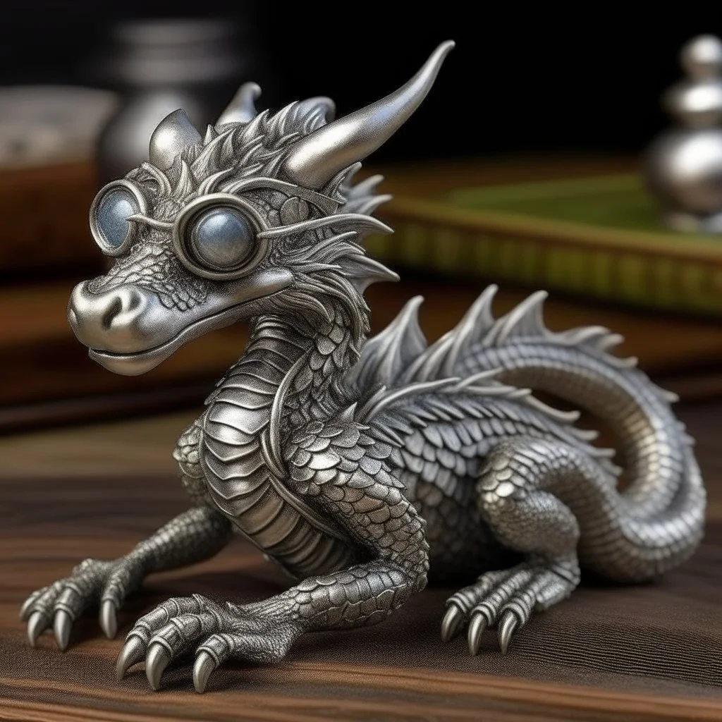 medieval silver dragon with glasses