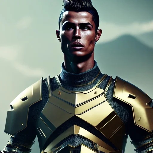 A badass Cristiano Ronaldo wearing a dragon skull armor, atmospheric, realistic, unreal engine, cinematic lighting, octane render.