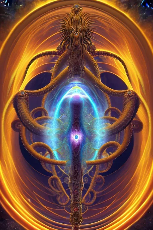 Spiritual being with Tentacles over human Head creating reality around, wrapping Spiral around Human, Psychedelic