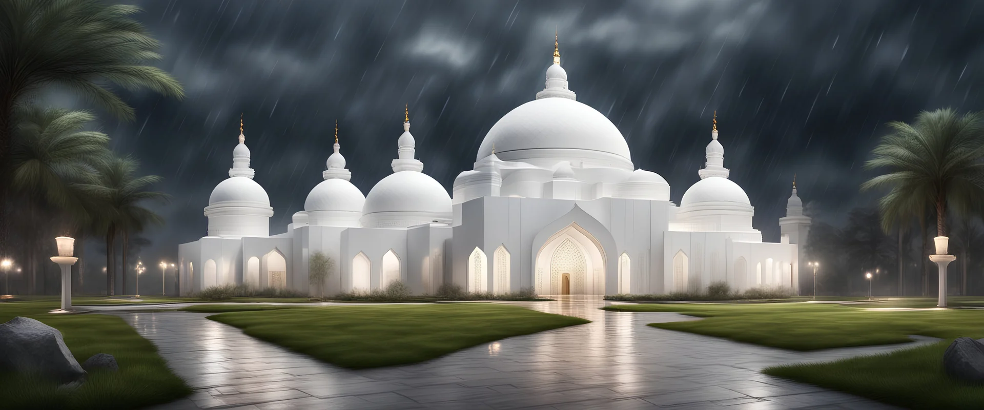 Hyper Realistic massive huge white mosque at a rainy night with stone pathway & grass patches