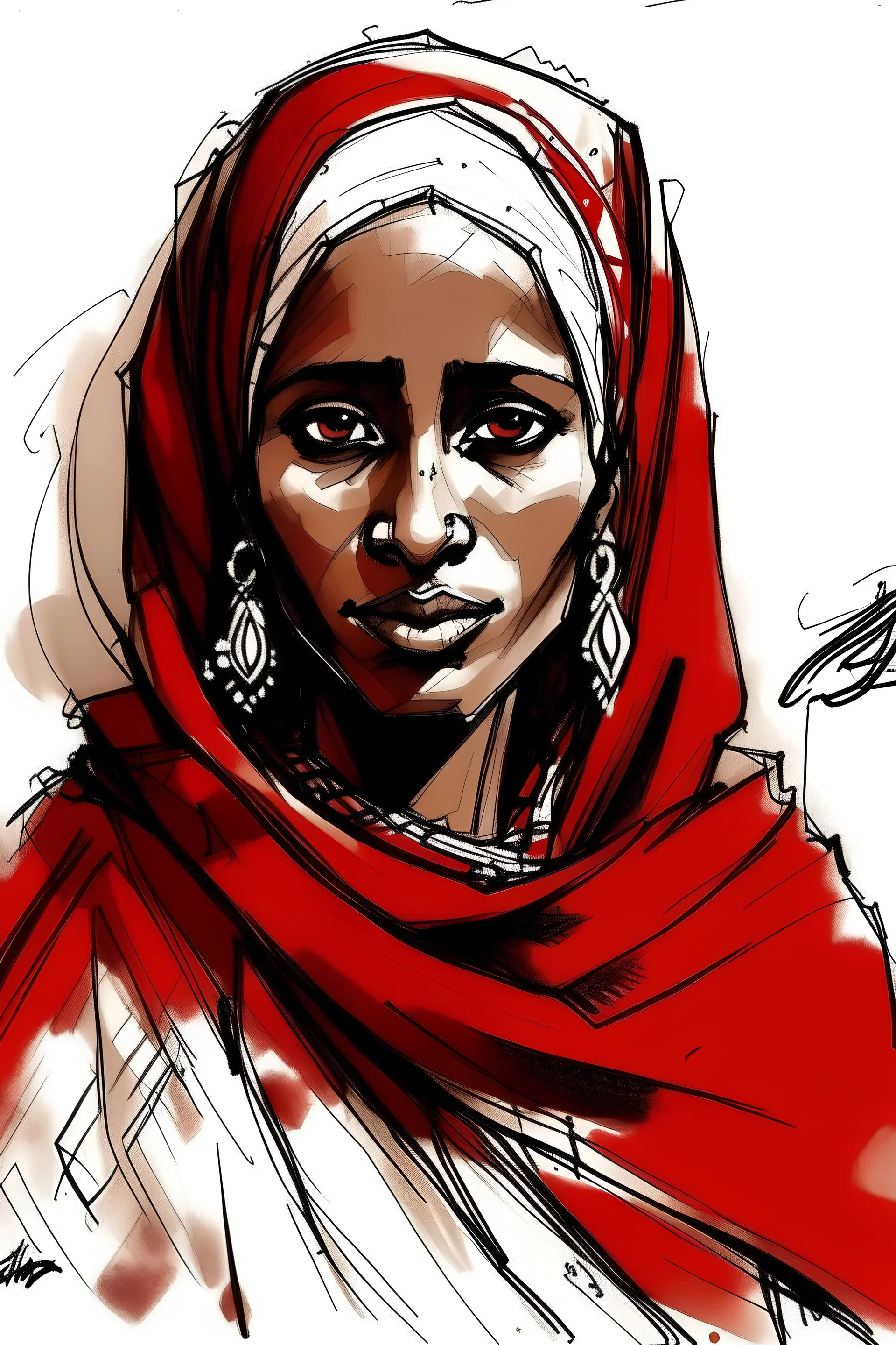 Sudanese woman who waring "Tob" the traditional clothes in sudan, her eyes are red , sketch