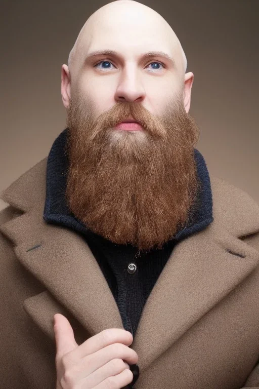 White skin bald man with brown beard and blue eyes in elegant coat and hat