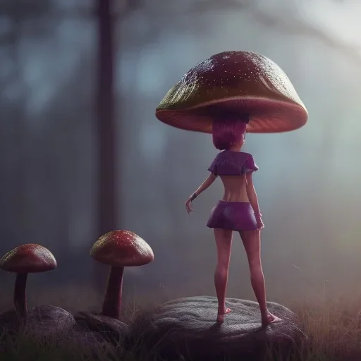 Mushroom head girl unreal 5, octane render, cinema4d, redshift render, hyper realistic, cenematic, vibrancy, synthwave, retouch, centered, dynamic lighting, dramatic lighting, 4k, highly detailed, attractive beautiful, realistic, epic composition, holographic,