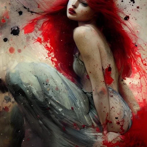 Red, beautiful redhead girl, roses, paint splatter, Jeremy Mann, Pino Daeni, Alphonse Mucha and Alex Maleev and Liz Gael, oil splash, Paint Strokes, Ink Drip, a masterpiece, 8k resolution highly detailed intricate, black_lineart, sharp focus