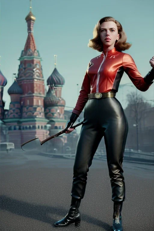 retro portrait image from 1960, Moscow background, wind, long red hair, fighting stance, sweet young Scarlett Johansson, classic black tight lycra suit, weapon, gold bracelet and belt, high heel boots, soft color, highly detailed, unreal engine 5, ray tracing, RTX, lumen lighting, ultra detail, volumetric lighting, 3d, finely drawn, high definition, high resolution.