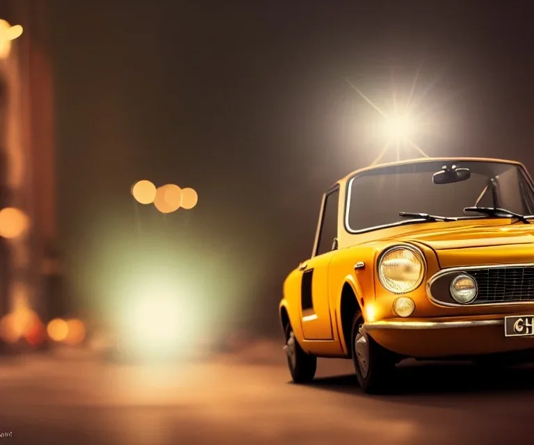 fiat 125p, city. high speed. bokeh. lens flare. warm lights. high detailed. oil on canvas