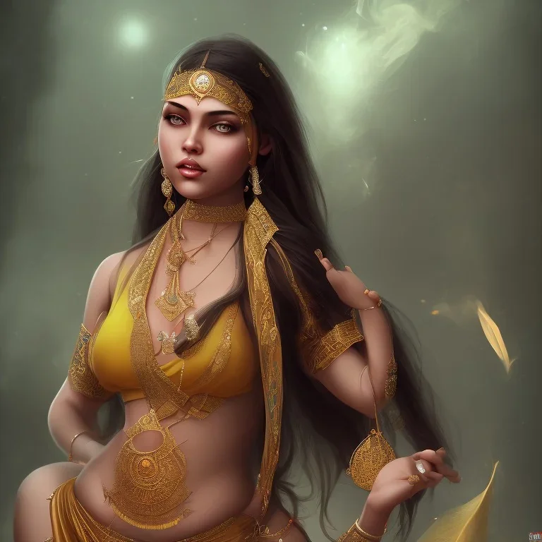 wonderful fat brazilian woman, wearing indian clothes, long black hair, 4k, many details, very realistic, fog particles,