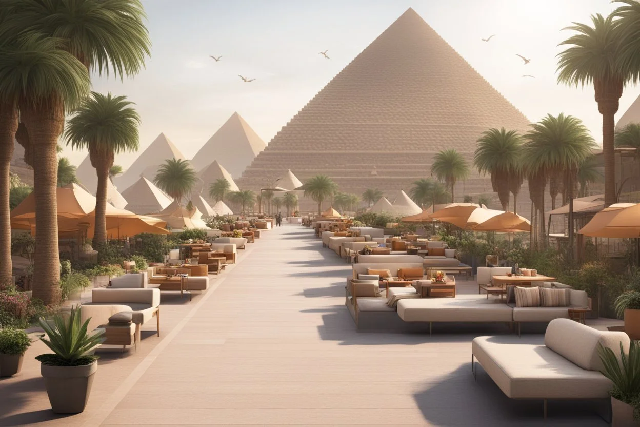 tourist walkway with the pyramids, including modern seating areas with planters, sweet cars, and tourist bazaars.