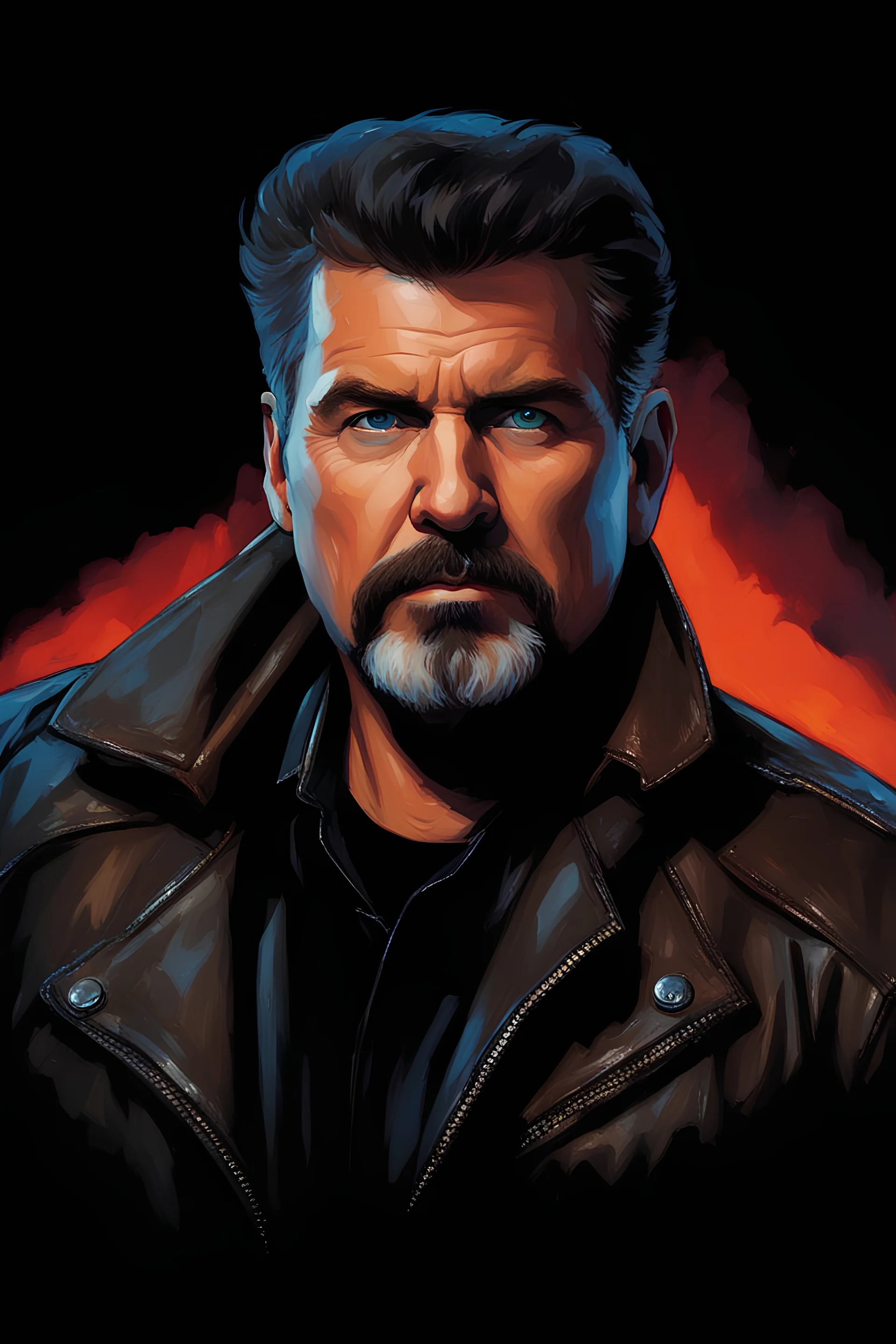 58-year-old Scott Alan Kendall with crew-cut dark brown hair tapered on the sides, gray goatee, bushy eyebrows, blue eyes, overweight, wearing a leather jacket - pitch black background with an overhead spotlight effect, extremely colorful, oil painting by frank frazetta