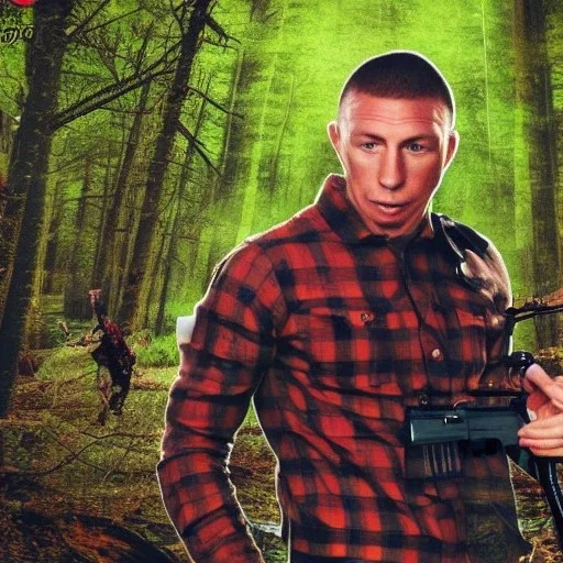 georges st pierre with a red plaid shirt a backpack and a rifle in a creepy forrest with zombies