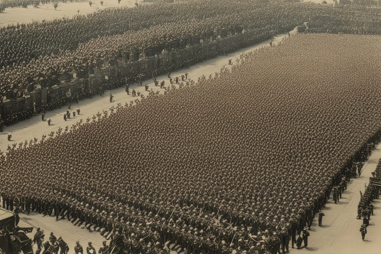 enormous military parade; birds eye view; soldiers marching