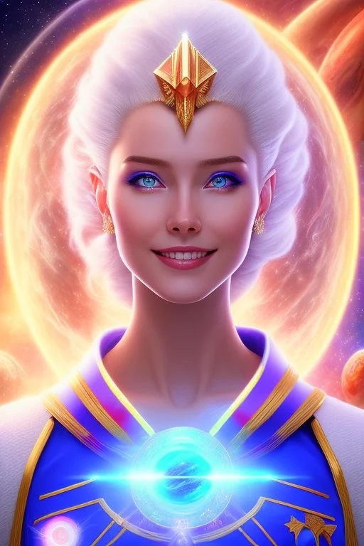 young cosmic woman smile, admiral from the future, one fine whole face, large cosmic forehead, crystalline skin, expressive blue eyes, blue hair, smiling lips, very nice smile, costume pleiadian,rainbow ufo Beautiful tall woman pleiadian Galactic commander, ship, perfect datailed golden galactic suit, high rank, long hair, hand whit five perfect detailed finger, amazing big blue eyes, smilling mouth, high drfinition lips, cosmic happiness, bright colors, blue, pink, gold, jewels, realistic