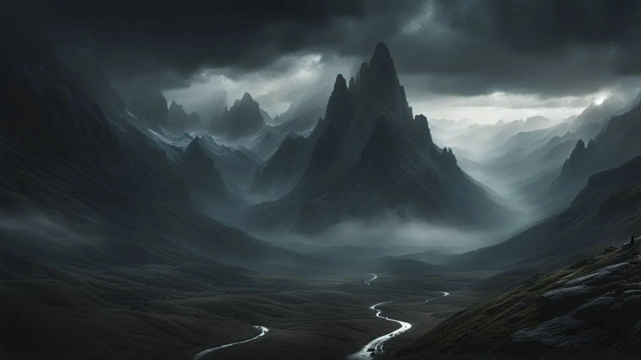 The Valley of the shadow of death. low, black mist. dark fantasy concept art, exquisite realism, a masterpiece, dynamic lighting, hyperdetailed, intricately detailed, deep color, Unreal Engine, volumetric lighting , Epic cinematic brilliant stunning intricate meticulously detailed dramatic atmospheric maximal,