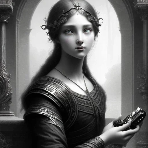 a beautiful young woman playing video games, Gustave Doré black and white illustration, perfect eyes, beautiful face