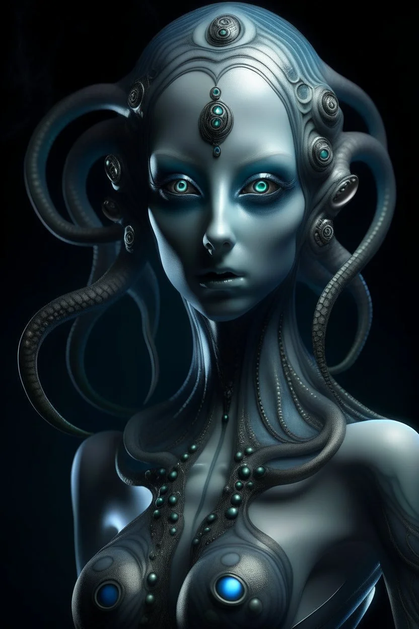 gorgeous female humanoid alien, posing, tentacles, orichalcum jewelry and piercings, beautiful face, mesmerizing starry eyes, smooth translucent skin.