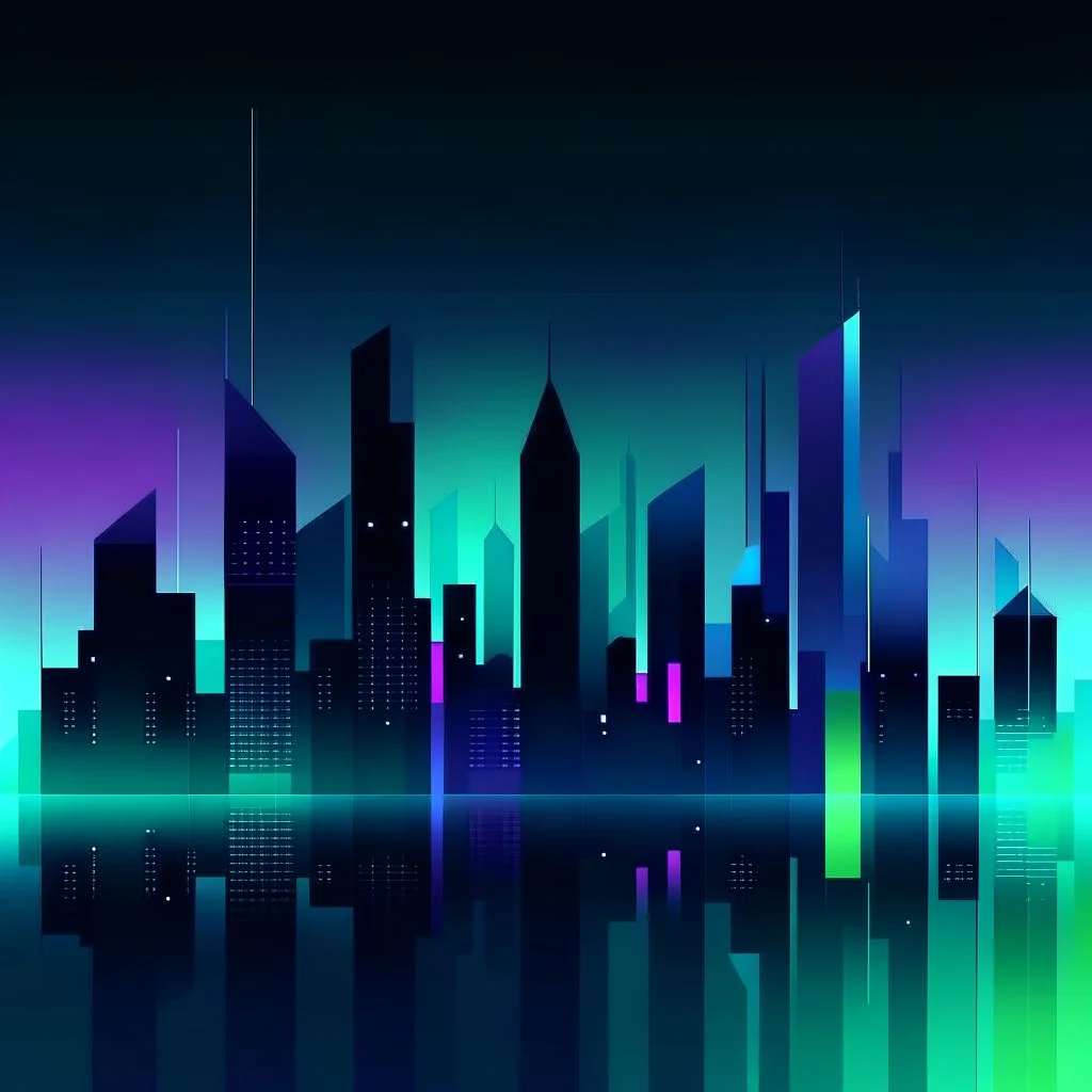 Digital and poly illustration of a minimalist and digital city with a dark background and gradients with light blue, light green, and purple.