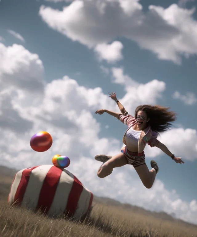 Ultra realistic speed clouds sky scene, wide angle view, strong men falling down with many Childs background, circus clothing style, feather color clothing, free jumping flying, many trinkets, hair monster, many jelly beans, balls, color smoke, smile, happy, extreme, wind, clouds sea, 20,000 feet altitude, stratosphere, soft color, highly detailed, unreal engine 5, ray tracing, RTX, lumen lighting, ultra detail, volumetric lighting, 3d, finely drawn, high definition, high resolution.