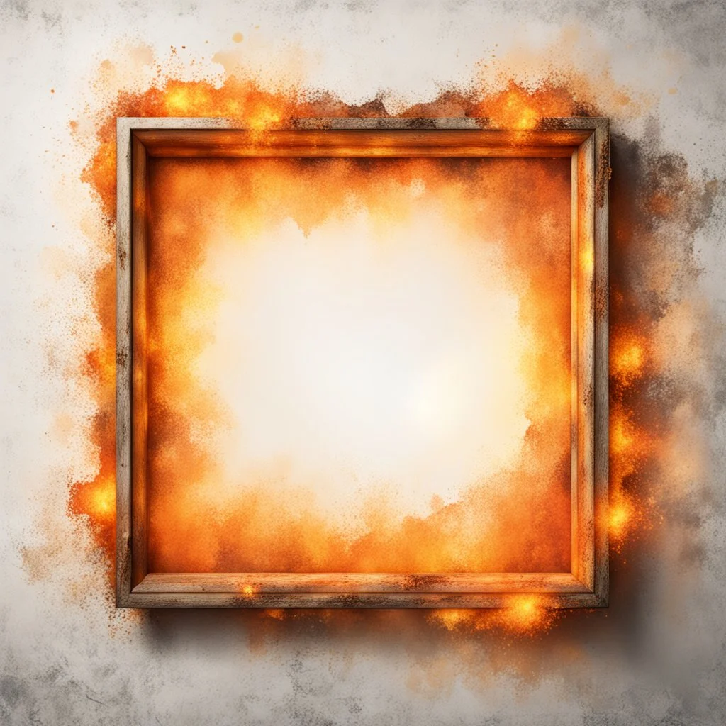 Hyper Realistic Light-Orange Grungy-Stroke-Frame With Glowing-Golden Embers on Grungy Retro-Jet-White-Wall-Background.