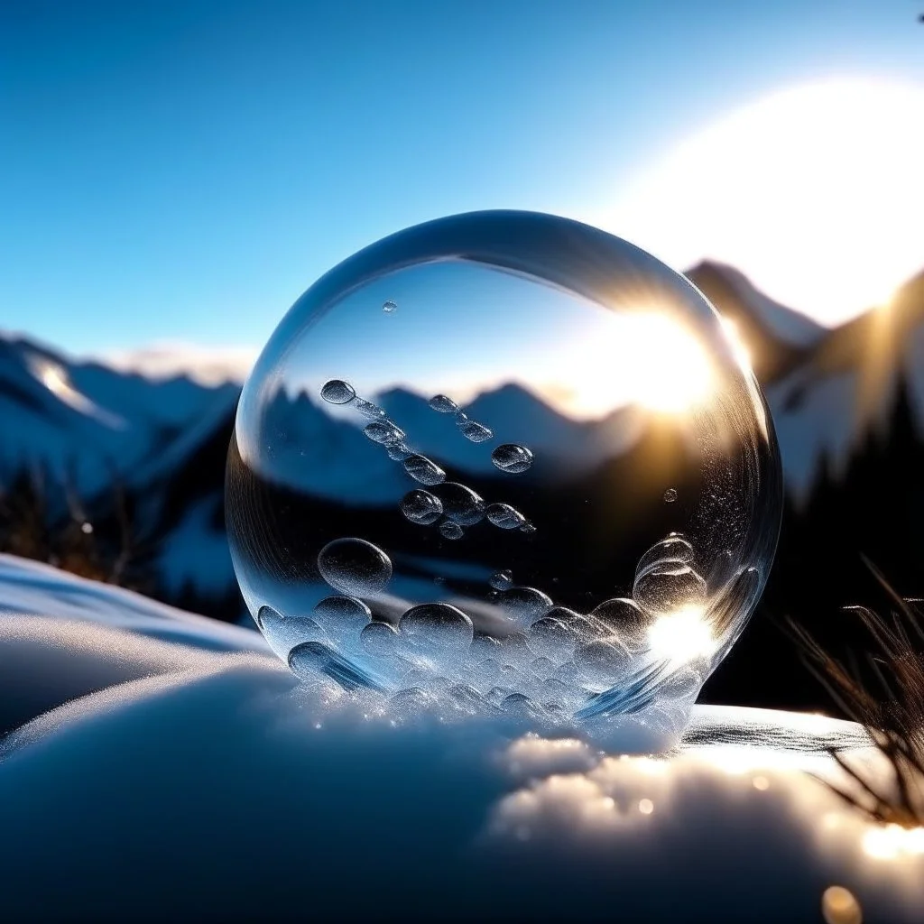 Frozen bubble in front of a snowy mountain landscape, the bubble has wonderful icecrystals and the sun is shining, frozen, cold outside, beautiful small ice flowers in front of the bubble