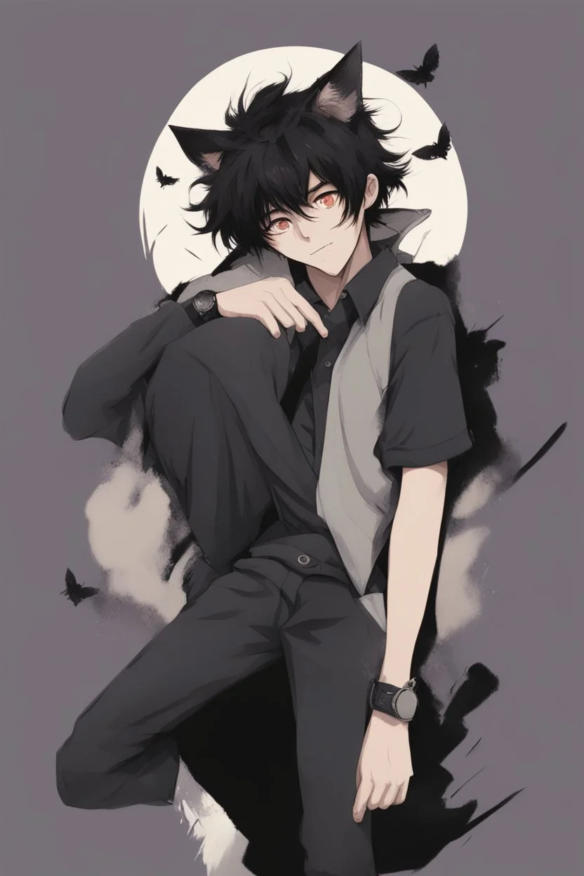 Anime style man with messy black hair and black cat ears.