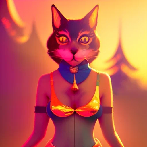 circus, tabaxi, female, beautiful woman front, fantasy, anime, at dawn by atey ghailan, mystical colors, Golden hour, Lisa Frank fantasy