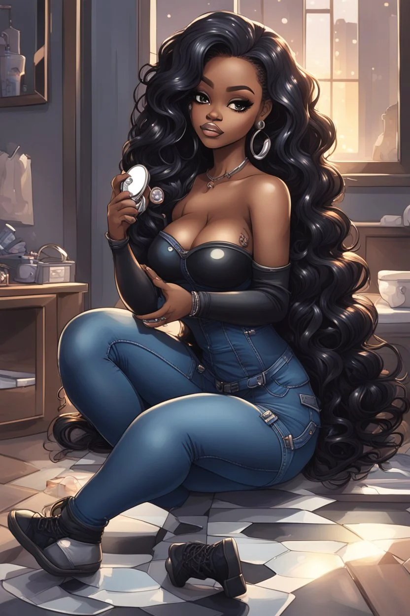 Create a futurism magna art of a black chibi curvy female sitting on the floor looking at herself in a hand mirror. She is wearing tight blue jeans and a black off the shoulder blouse. Prominent make up with lush lashes. Highly detailed long wavy hair. She is also wearing silver large hoop earringsart of a black chibi curvy female sitting on the floor looking at her cell phone. She is wearing tight blue jeans and a black off the shoulder blouse. Prominent make up with lush lashes.