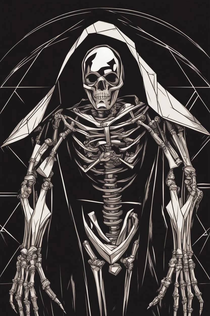 inside a diamond shape, skeleton robot in a black hooded cloak drawn in a retro cartoon style, in a diamond shape on a black background, monochromatic