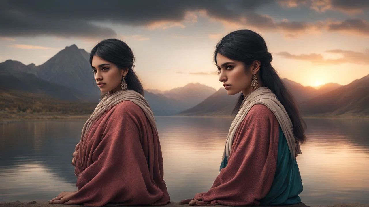 Hyper Realistic Sad Pukhtoon Young-Women with a cloudy sunset riverside & mountains at the back