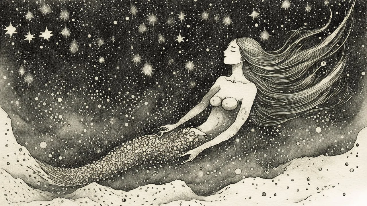 "An ethereal ink drawing of a mermaid swimming in a sea of stars, with delicate strokes and a magical aura."