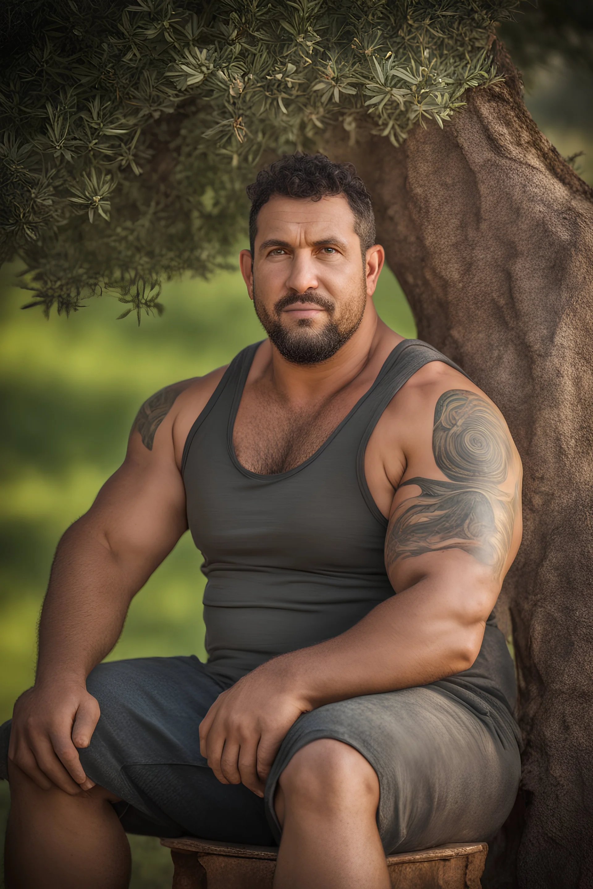 close up photography of a marocan ugly dirty burly muscular chubby farmer 36 years old, bullneck, strong arms, big belly, manly chest, very sweat, shirtless, short beard, tattoo, curly hair , short bulging pants, open legs sitting on a chair under an olive tree , big tights, barefoot, ambient occlusion, hyper detailed photography, photorealistic, 35mm lens, side light, frontal view from below, natural colors