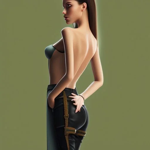 Woman with crook, back view, black trousers, green shirt, render background, brown hair