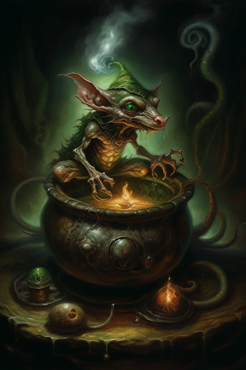 alchemists nightmare, Living cauldron with shining sigil, slightly demonic alien gremlin rat in it, prize winning oil painting