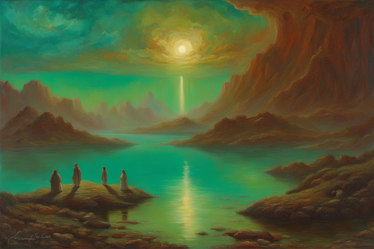 turquoise sky, lake, sci-fi, mountains, galactic cosmic influence, friedrich eckenfelder and hans am ende impressionism paintings