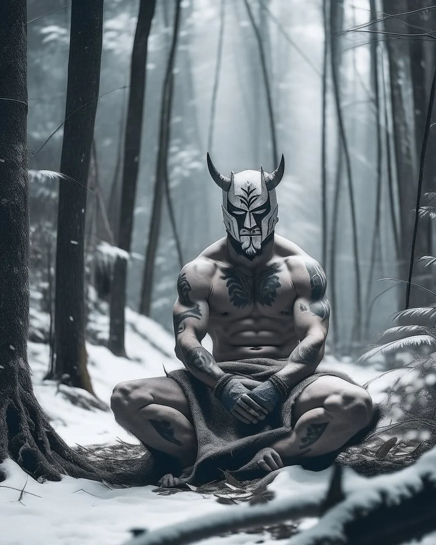 man sitting on a throne in a relaxed laid back style, middle of a snowy forest, muscular athletic physique, wearing a japanese Hannya demon mask over face, cinematic greyish filter