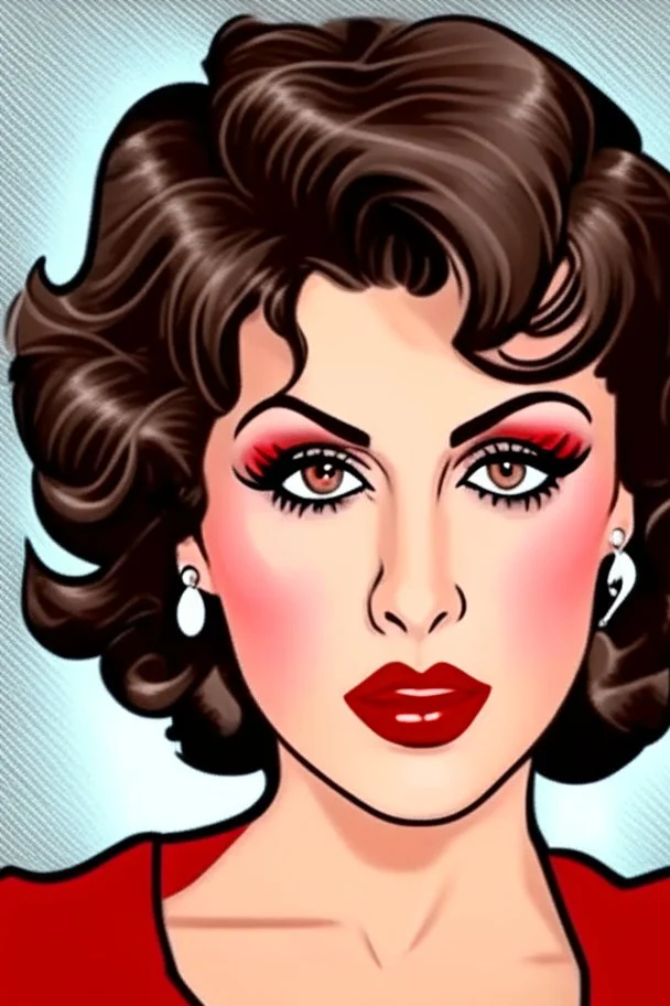 cartoon portrait of a sexy European lady with short brown hair and makeup, seductive, smoky grayish eyes, pouty bright red cocksucker lips