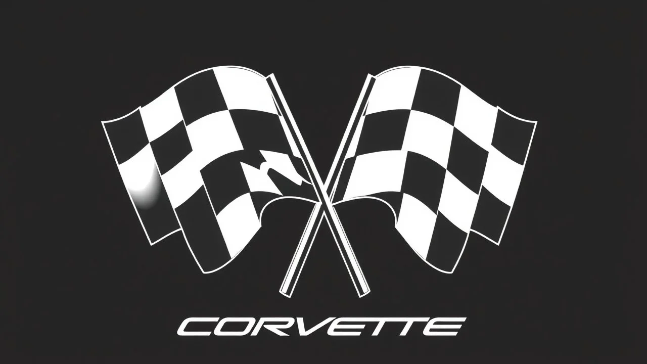 2 checkered finishing flags crossed like the corvette logo , black and white vector