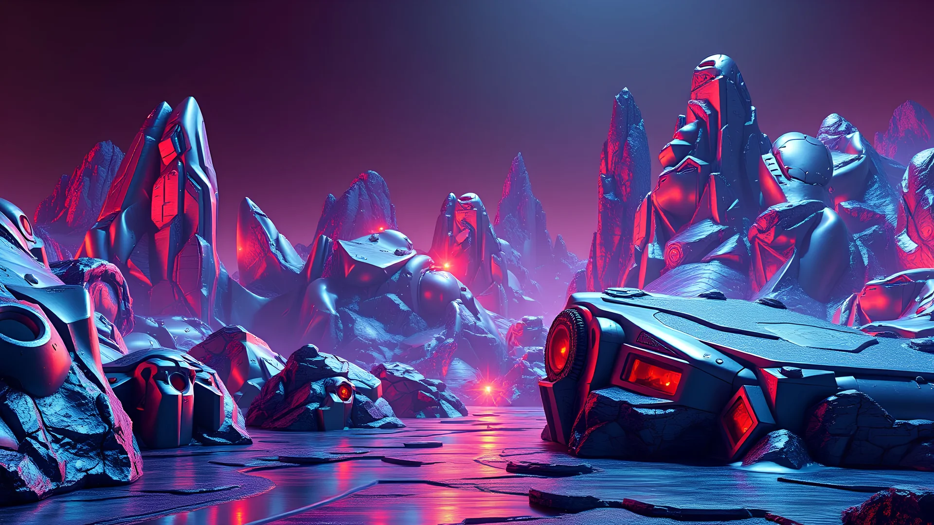 landscape made of metal that looks futuristic with futuristic lighting, realistic rendering, chrome colors