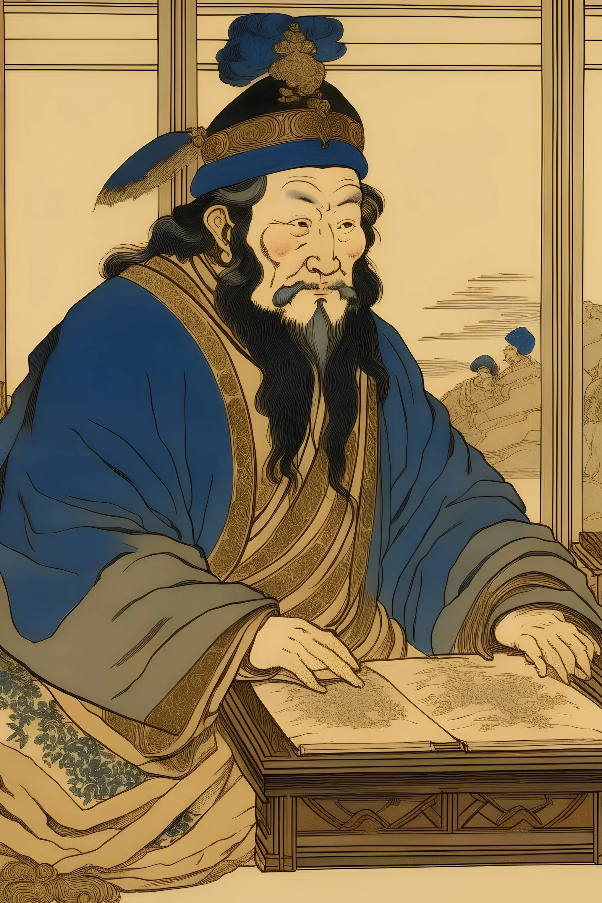 a Portrait of genghis kan at bancomat by hokusai