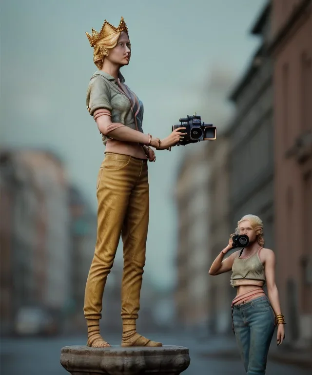 Statue of Queen of photography. Cute blonde woman. Photographer in golden crown. Standing on the street. Big camera in her hand. hyperdetailed, photorealistic, trending on artstation, greg rutkowski, beksinski, kodachrome, bokeh, red and gold