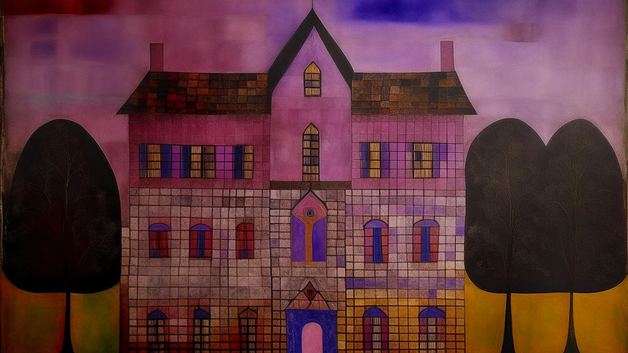 A purple mansion filled with spirits painted by Paul Klee