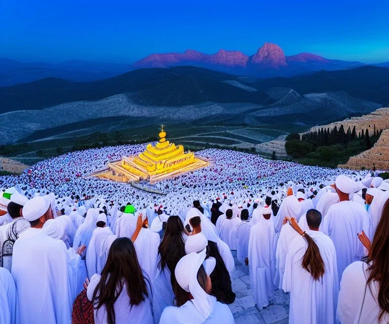 100,000,000 christians, men, women,and children dressed in white,God in jewish Temple in new Jerusalem, hills and valley in background, dusk, andromeda