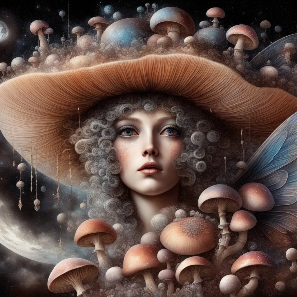 Beautiful rococo mushroom fairy, detailed eyes, realistic features, hq, fungi, celestial, moon, galaxy, stars, by Salvador Dalí, giger, Hieronymus Bosch, victo ngai, fungi, celestial, Ryan Hewett