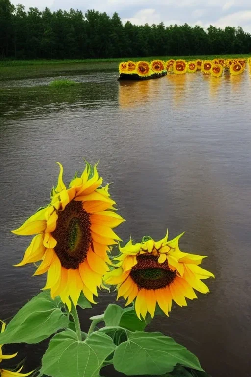 sunflowers, canoe, trees, river