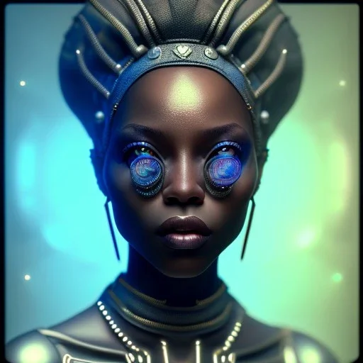 a black woman with one blue crystal eye, steam punk, realistic, made in octane, cinematic, ultra-realistic, extremely detailed octane rendering, 8K, VRAY Super Real ar 2:3, dof photorealistic futuristic 50mm lens hard lighting dark gray tintype photograph, realistic lighting